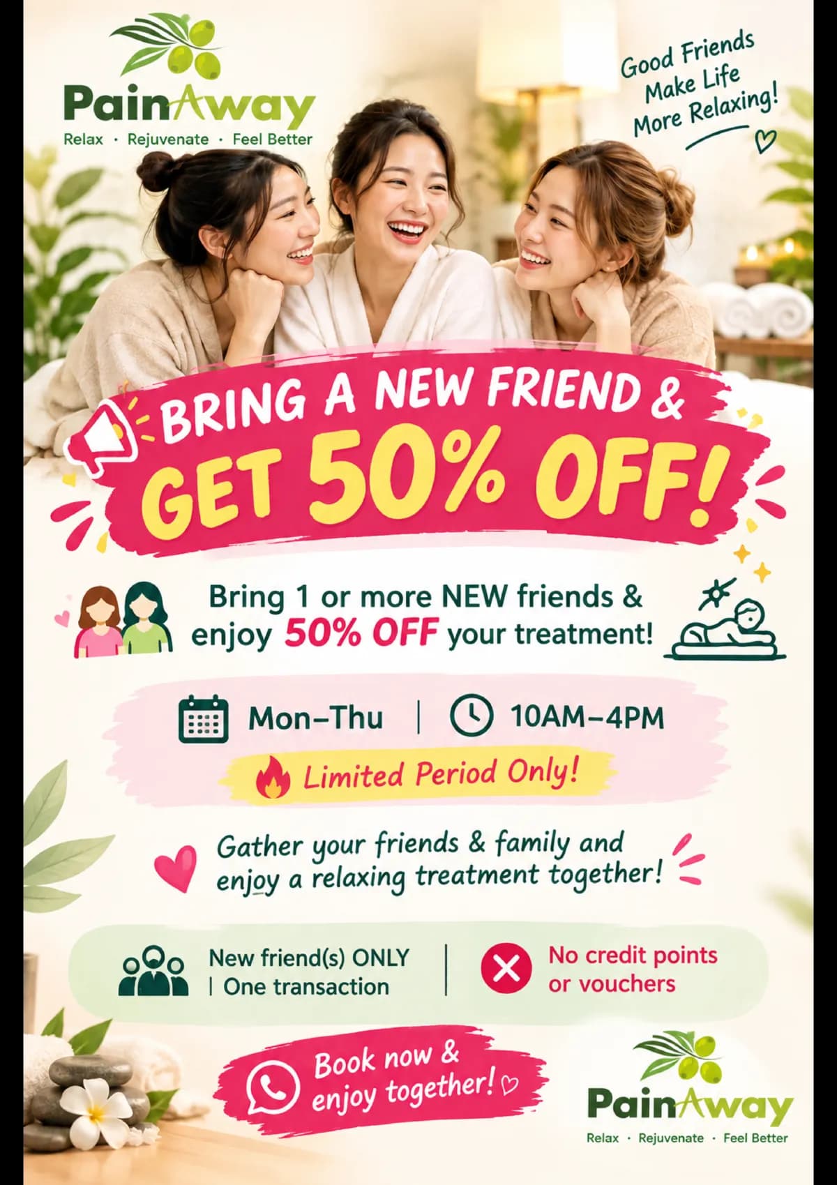 Bring a new friend and get 50% off your treatment! Valid Mon–Thu, 10 AM – 4 PM. Limited period only. New friends only, one transaction, no credit points or vouchers.